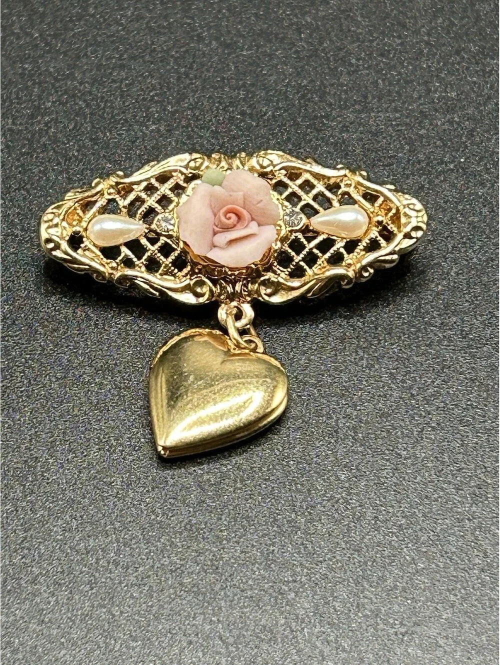Vintage Jewelery Brand 1928 Porcelain Flower Faux Pearl Pin Brooch w/Locket  70s